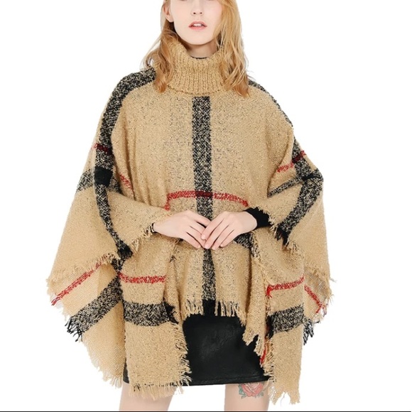 ❣️SALE❣️NEW!Fashion plaid poncho turtleneck in camel plaid - Picture 5 of 12
